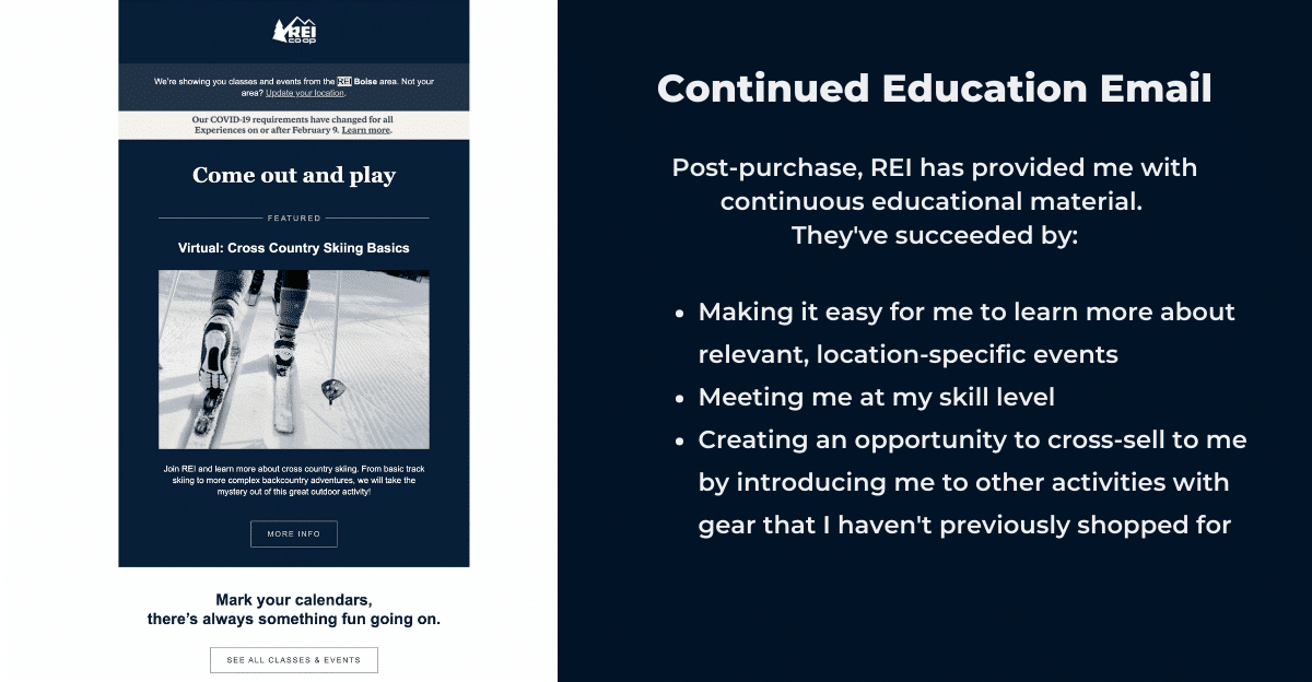 Email from REI as an example of a continued education email
