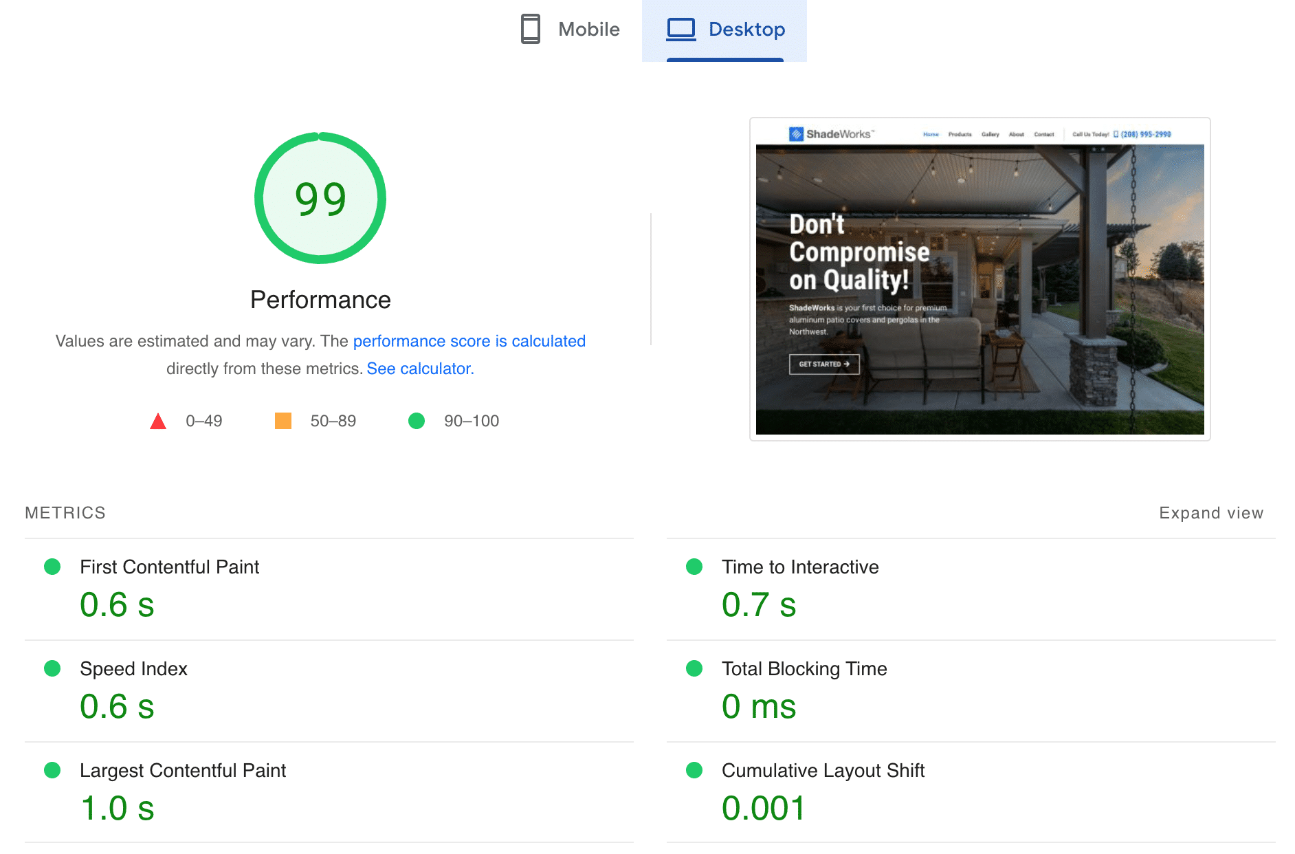 Shade Works pagespeed score
