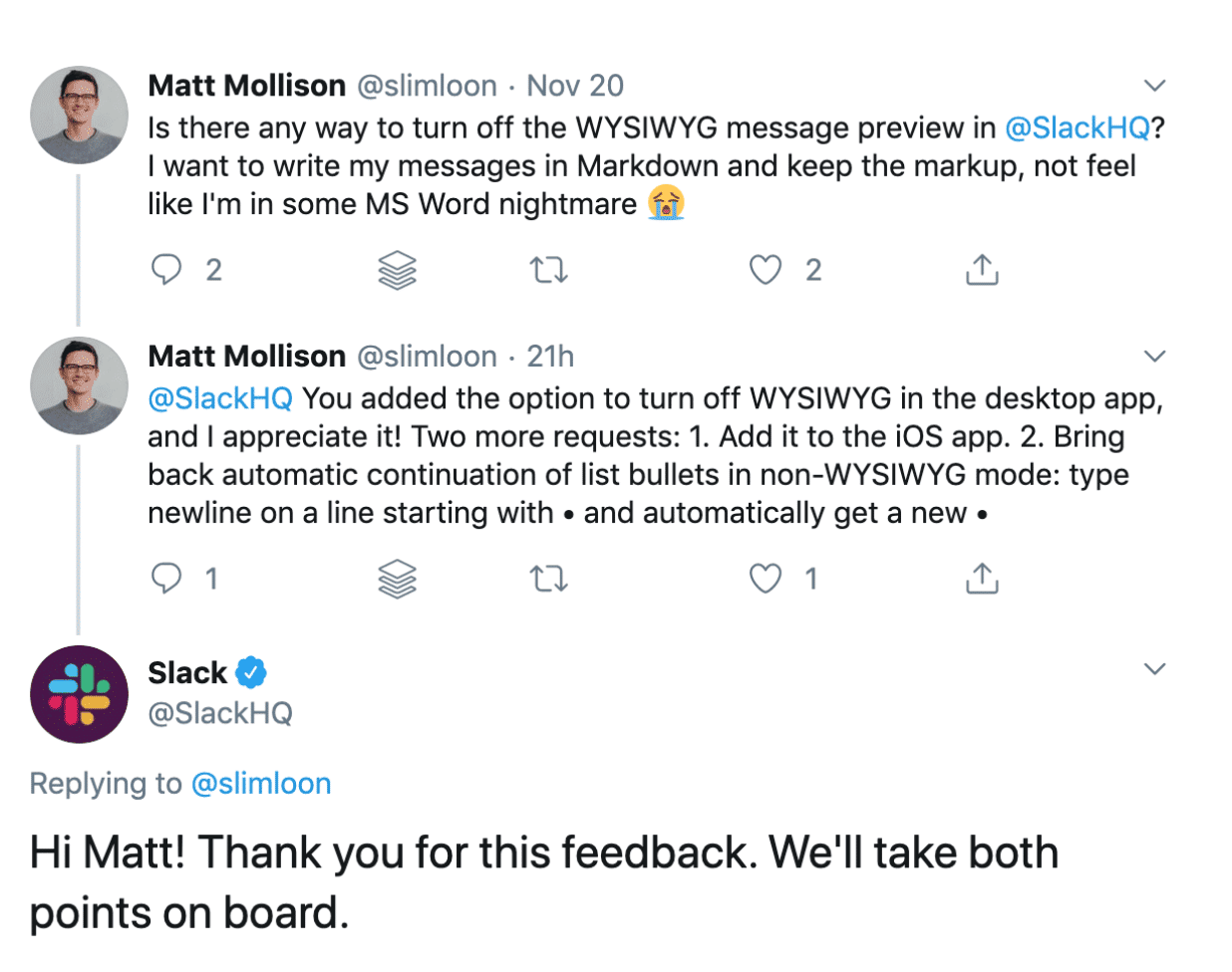 slack implementing and responding to customer feedback