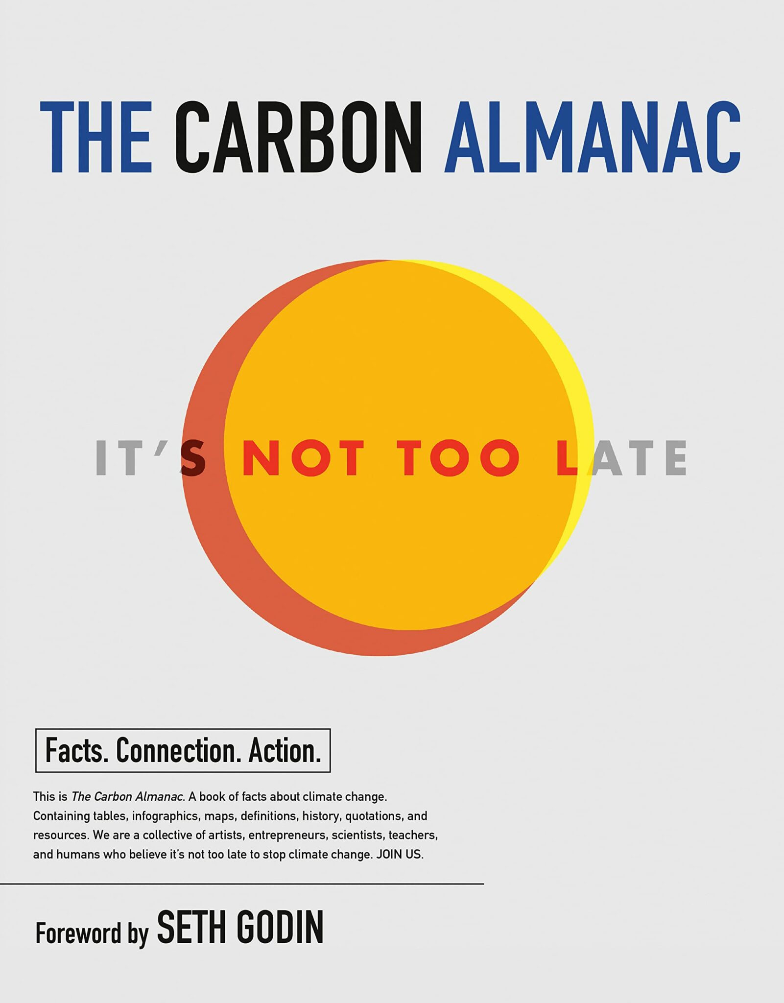the carbon almanac book cover of a yellow and red circle on a grey background
