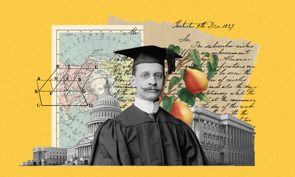 Man with college graduation cap and gown in black and white with vintage buildings, text, and maps in the background. Representing free marketing courses.