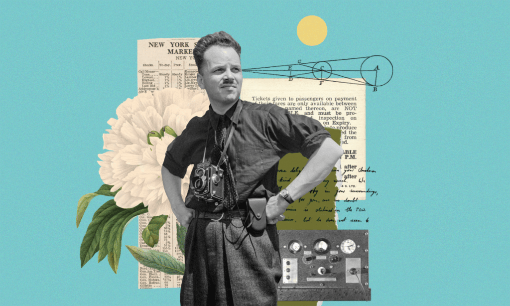 Vintage man holding a camera with content in the background representing creating product videos.